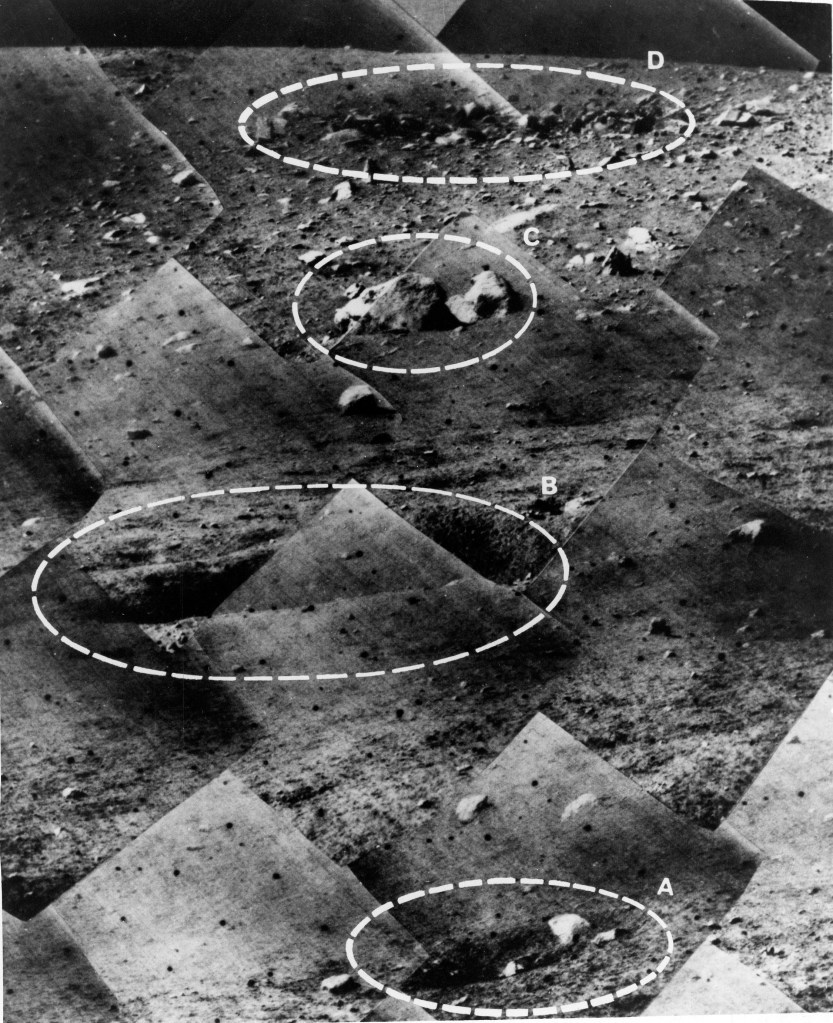 A mosaic of images taken by Surveyor III, with features labeled A, B, C, D, which correspond to labels on orbital images.